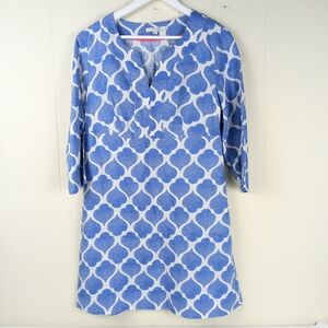 Boden Linen Dress Women Size 10R Blue White Knee Length V-Neck 3/4 Sleeves Zip